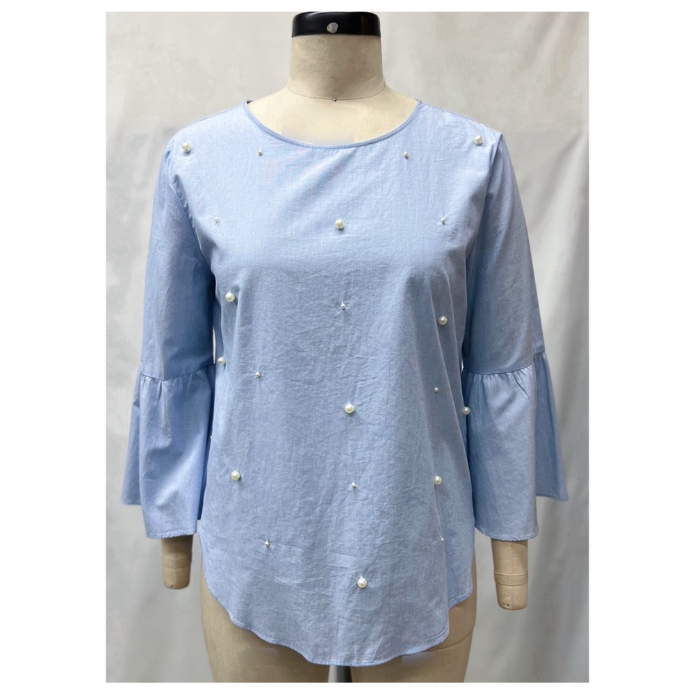 Sky Blue 3/4 Sleeve Faux Pearl Blouse